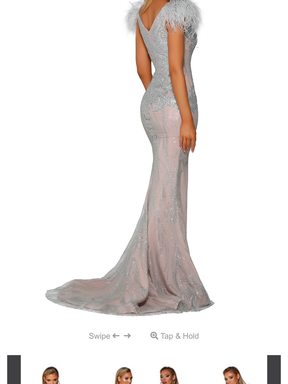 Portia and Scarlett Silver Sequin Feather-Trim Mermaid Gown with Blush Underlay